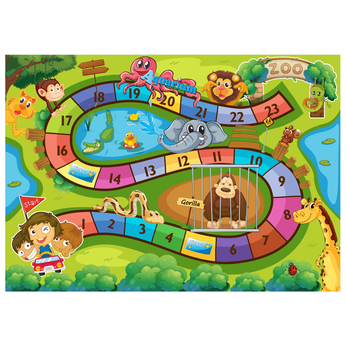"Zoo-themed interactive Hopscotch jumping game" - "Available in sticker and Flex" ACTIVITY GAME