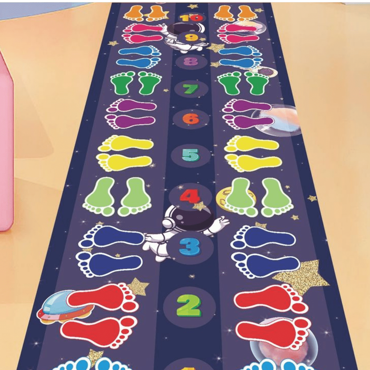 "Colorful Interactive Space-themed Footmarkers hopscotch jumping game " "Available in sticker and Flex"- ACTIVITY GAME