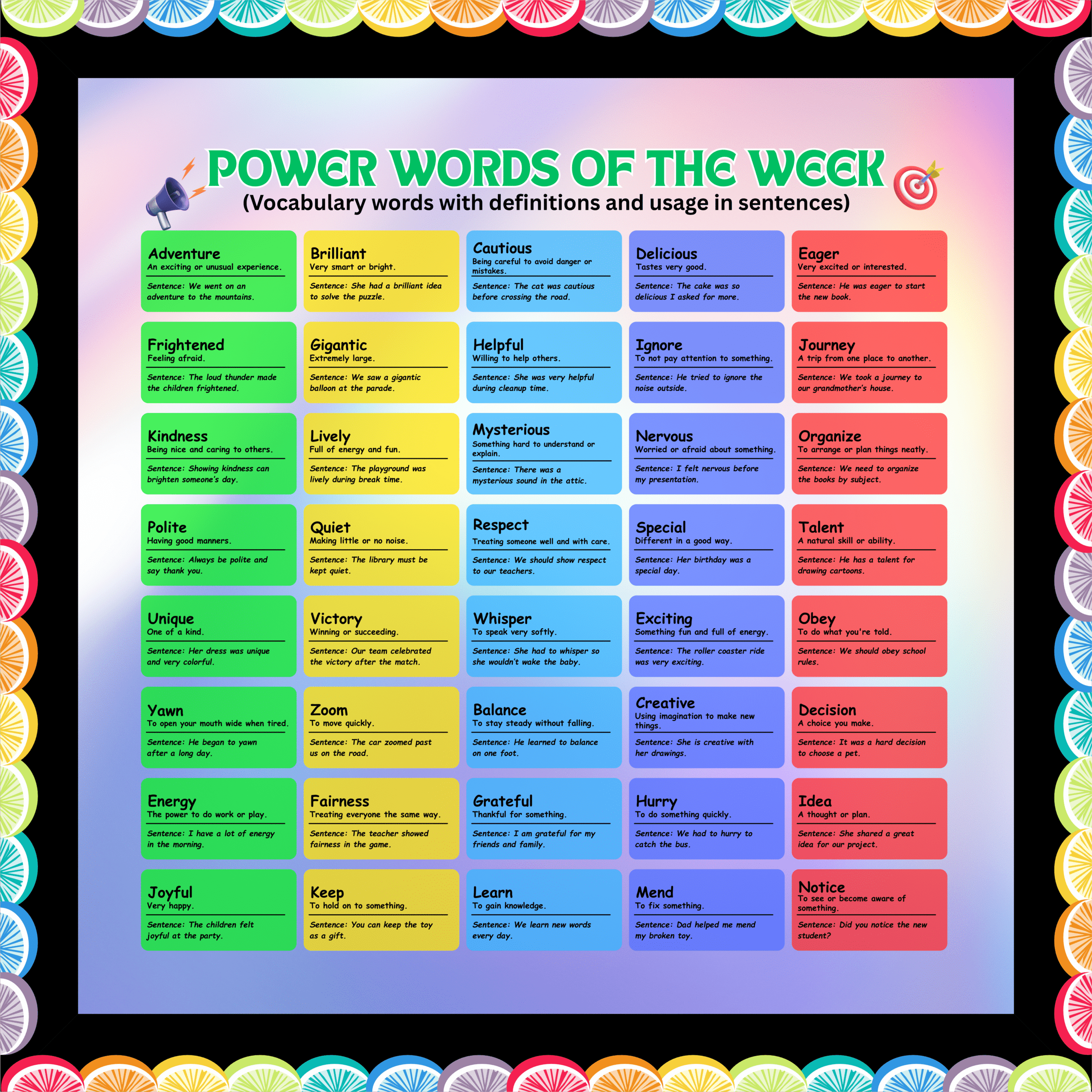 Power words of the week vocabulary words Indoor & Outdoor Durable Display Board - 4 by 4 ft Flex motivational banner