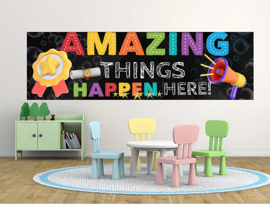 Amazing things happen here -motivational classroom banners (36x12 landscape)