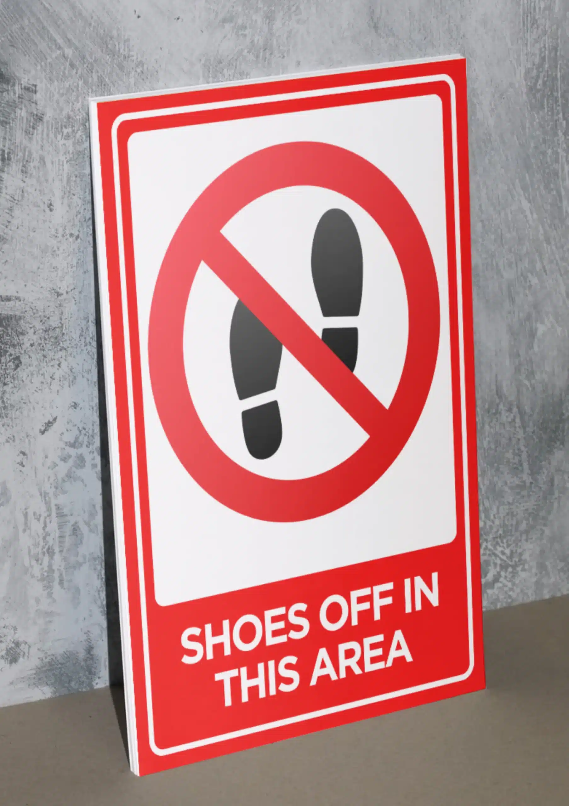 "Shoes off in this area" - Foam board school sign , 12 by 17 inches