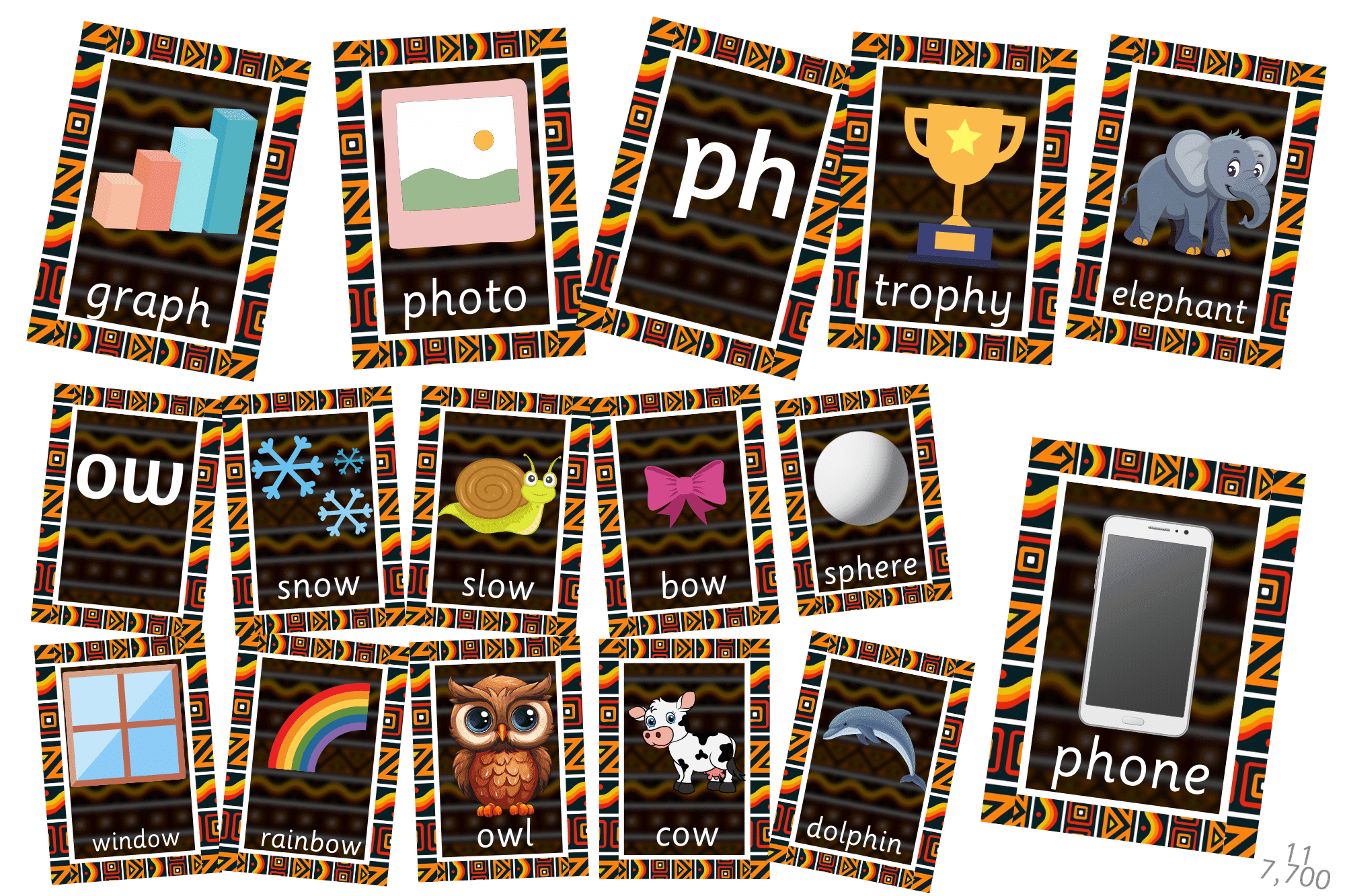 "Colorful diagraph words "- 11 pages - African Theme Flashcard