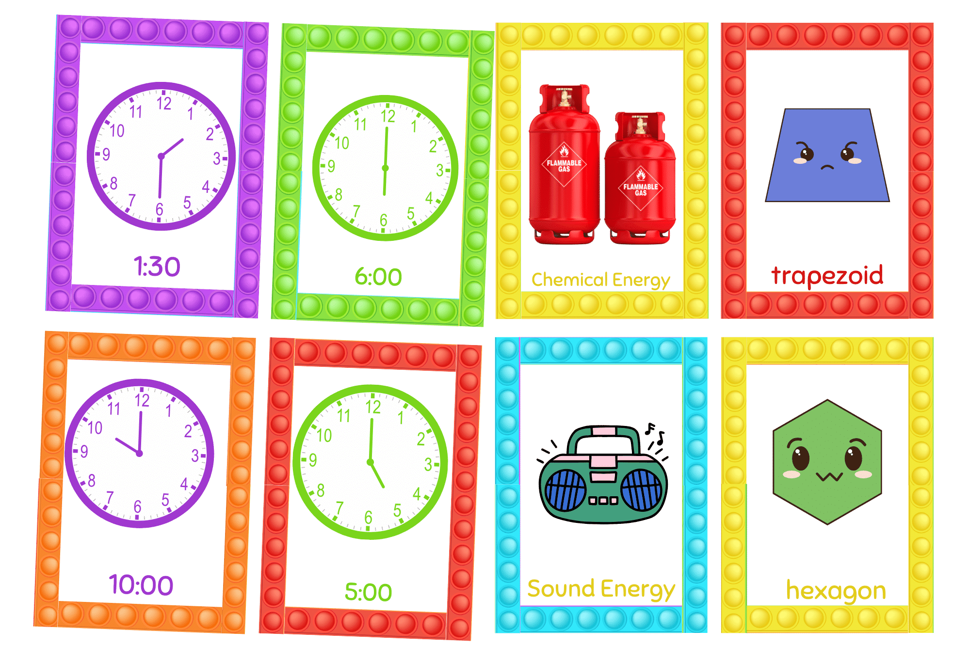 "Colorful time, energy and 2d shapes"- 5 pages - Flashcard