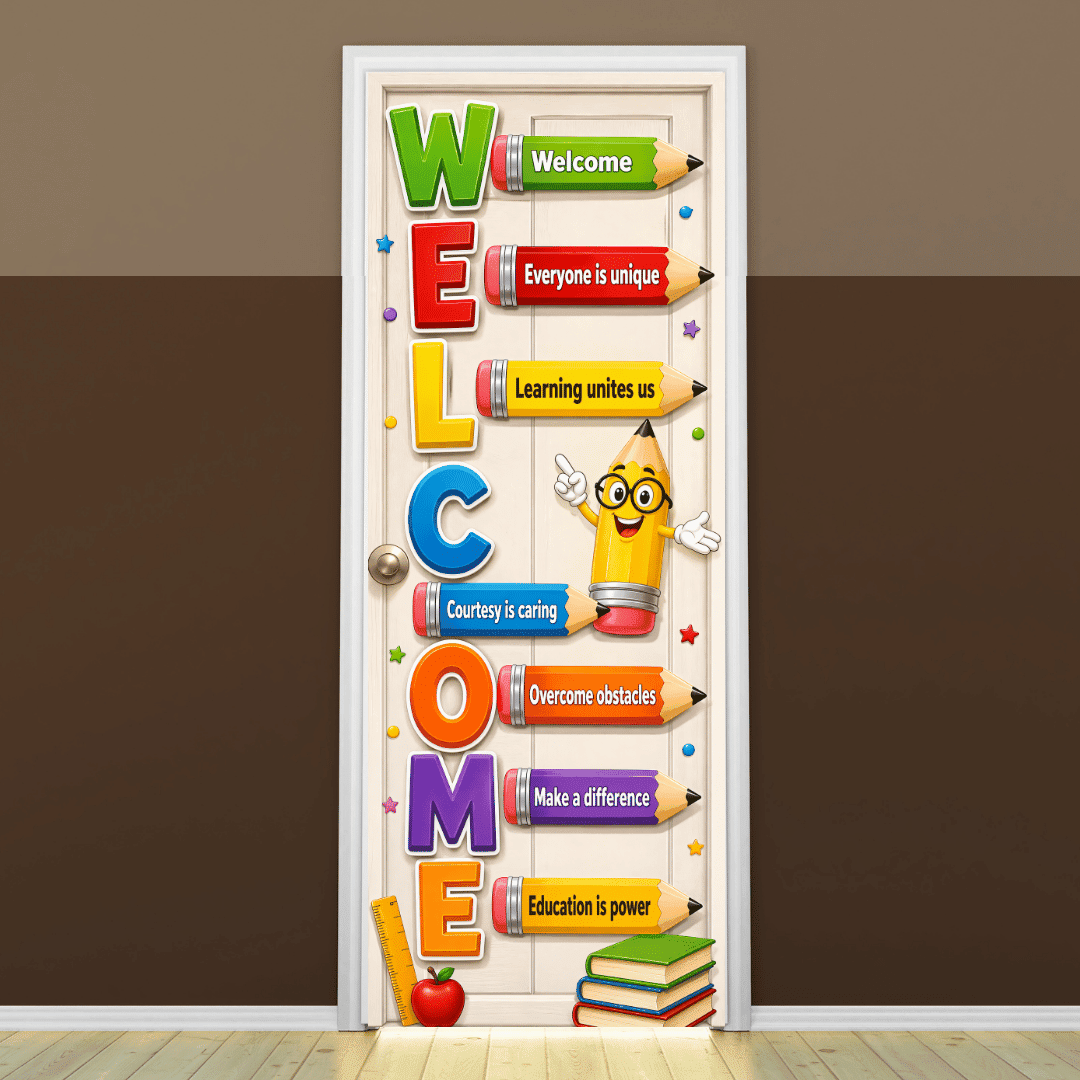 "Welcome " -Door sticker on paper