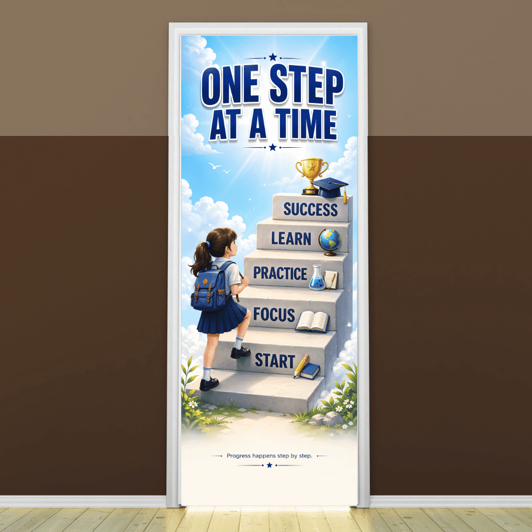 "One step at a time" -Door sticker on paper