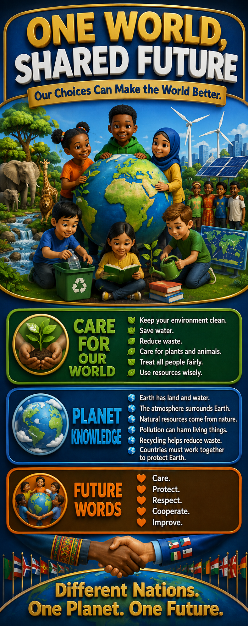 "One world shared future" -Door sticker on paper
